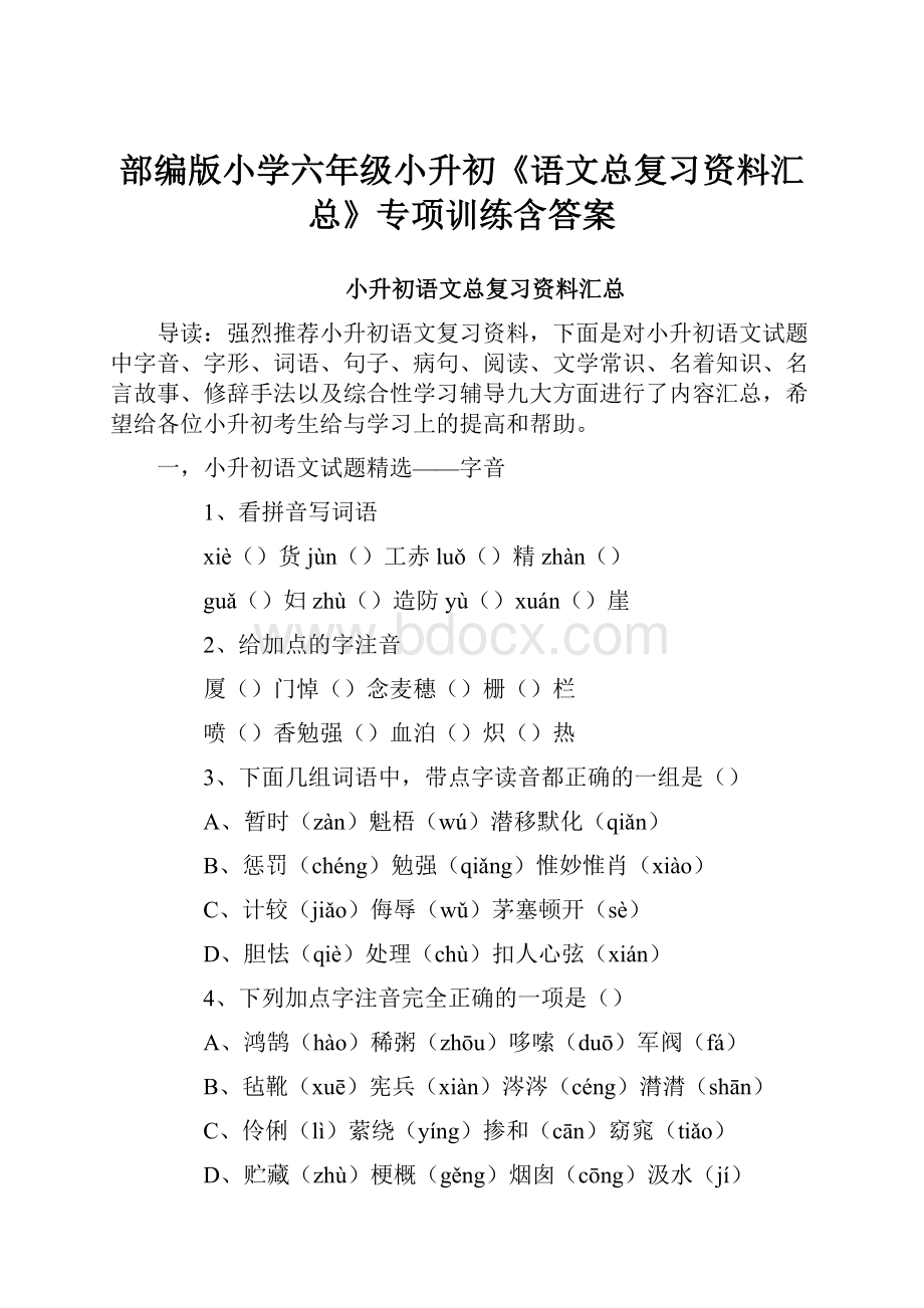 部编版小学六年级小升初《语文总复习资料汇总》专项训练含答案.docx