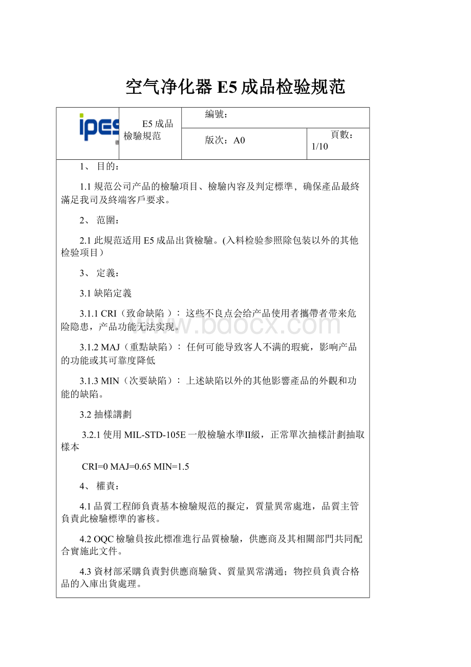 空气净化器E5成品检验规范.docx_第1页