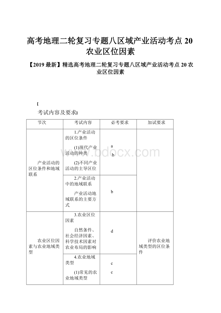 高考地理二轮复习专题八区域产业活动考点20农业区位因素.docx_第1页