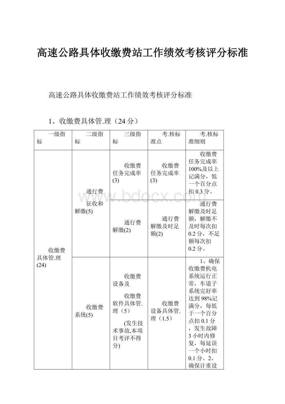 高速公路具体收缴费站工作绩效考核评分标准.docx