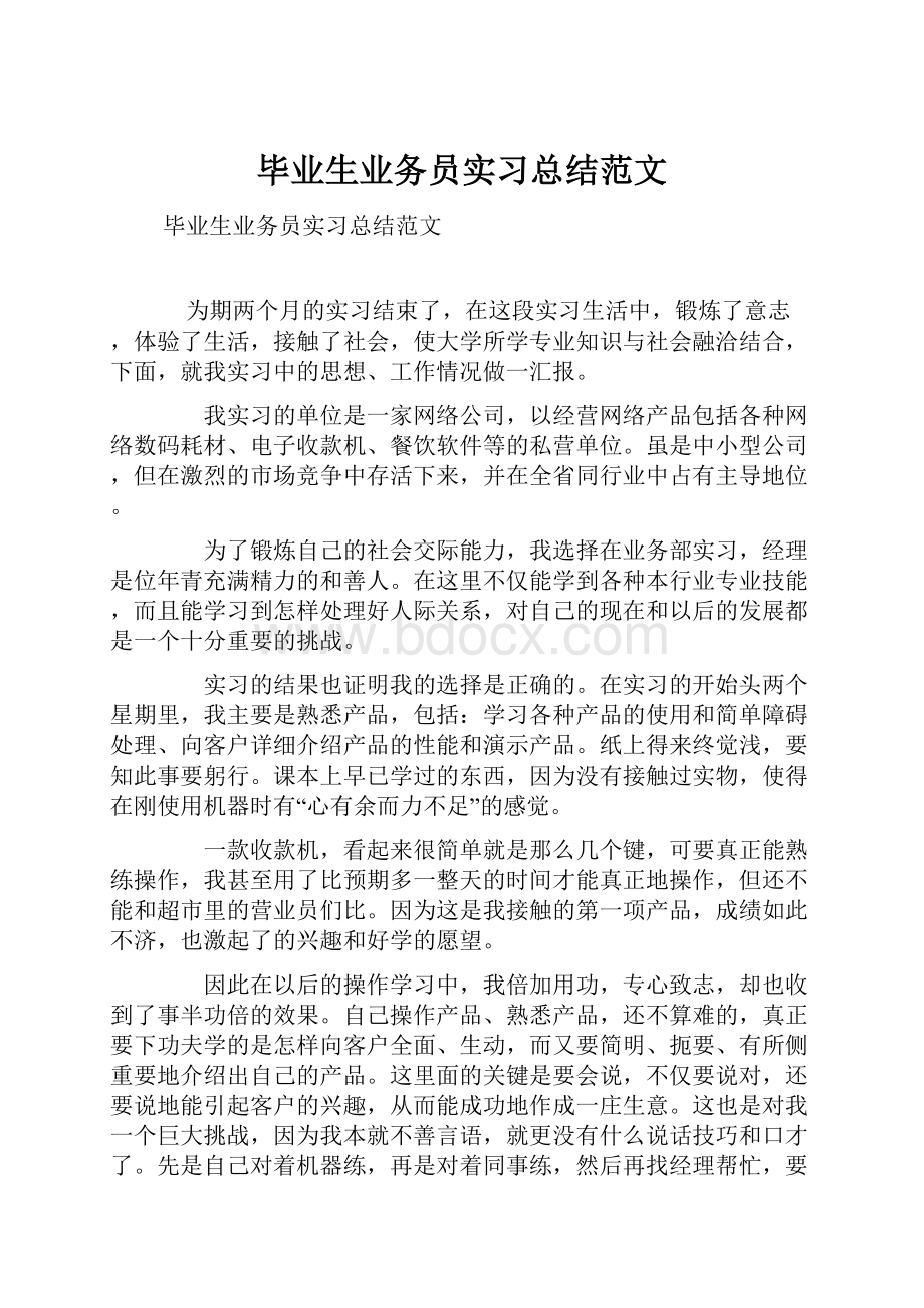 毕业生业务员实习总结范文.docx