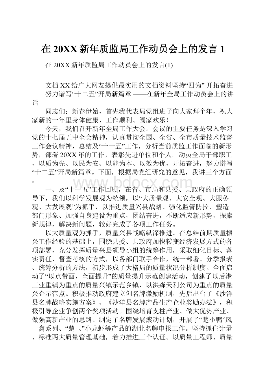 在20XX新年质监局工作动员会上的发言1.docx