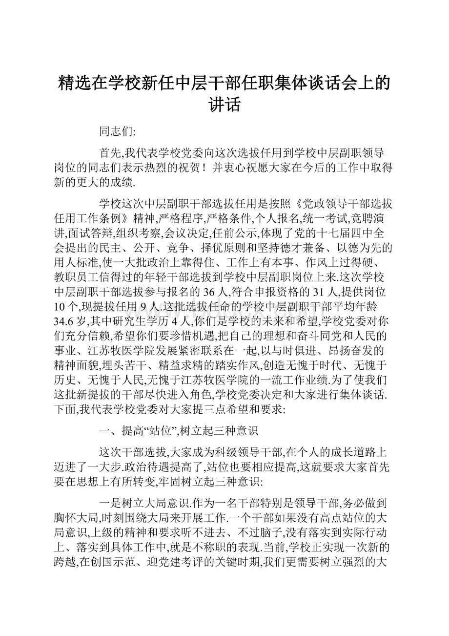 精选在学校新任中层干部任职集体谈话会上的讲话.docx