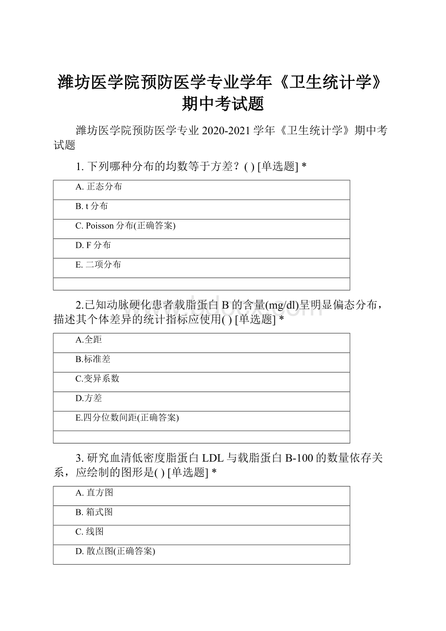 潍坊医学院预防医学专业学年《卫生统计学》期中考试题.docx_第1页