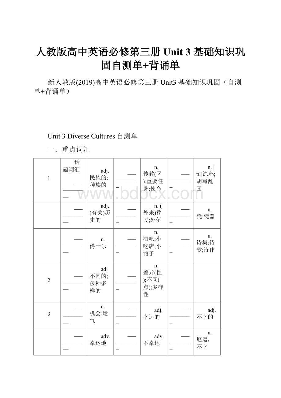 人教版高中英语必修第三册 Unit 3 基础知识巩固自测单+背诵单.docx