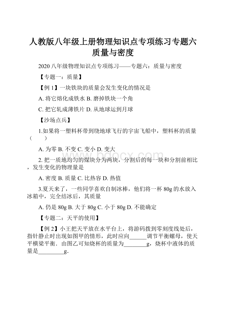 人教版八年级上册物理知识点专项练习专题六质量与密度.docx