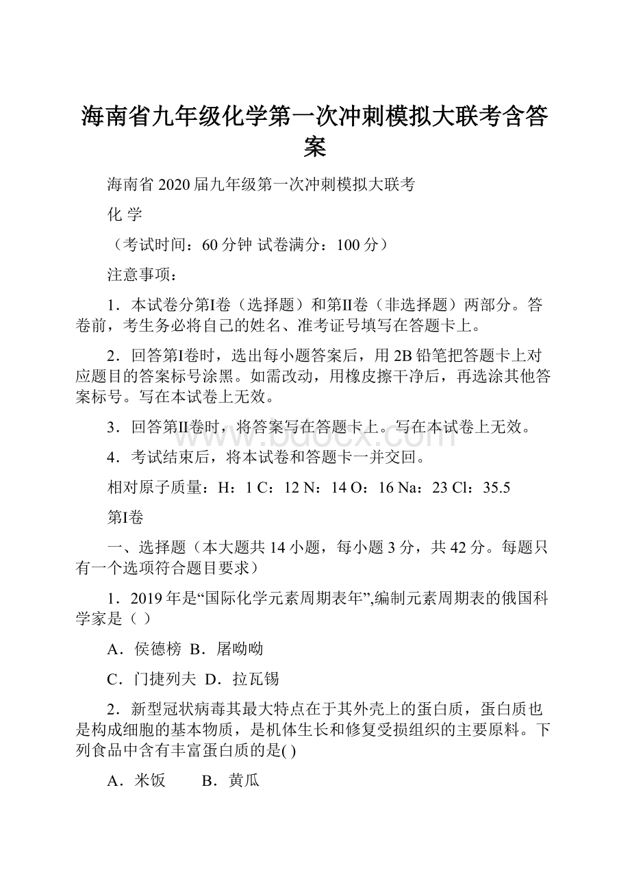 海南省九年级化学第一次冲刺模拟大联考含答案.docx