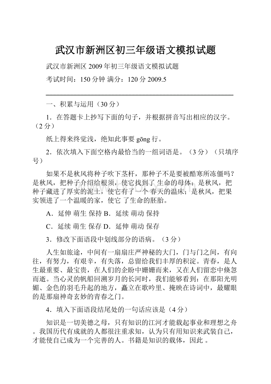 武汉市新洲区初三年级语文模拟试题.docx