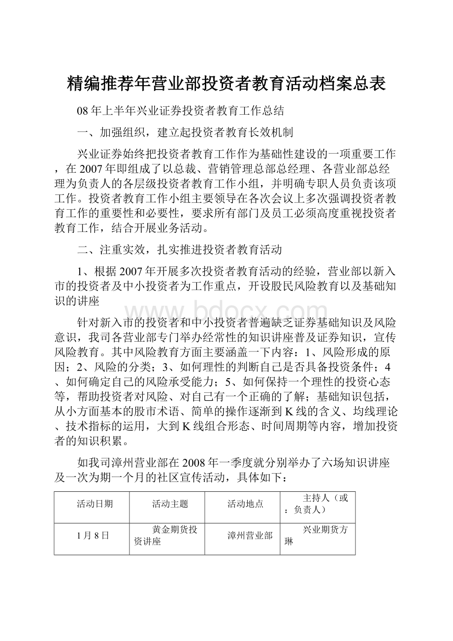 精编推荐年营业部投资者教育活动档案总表.docx