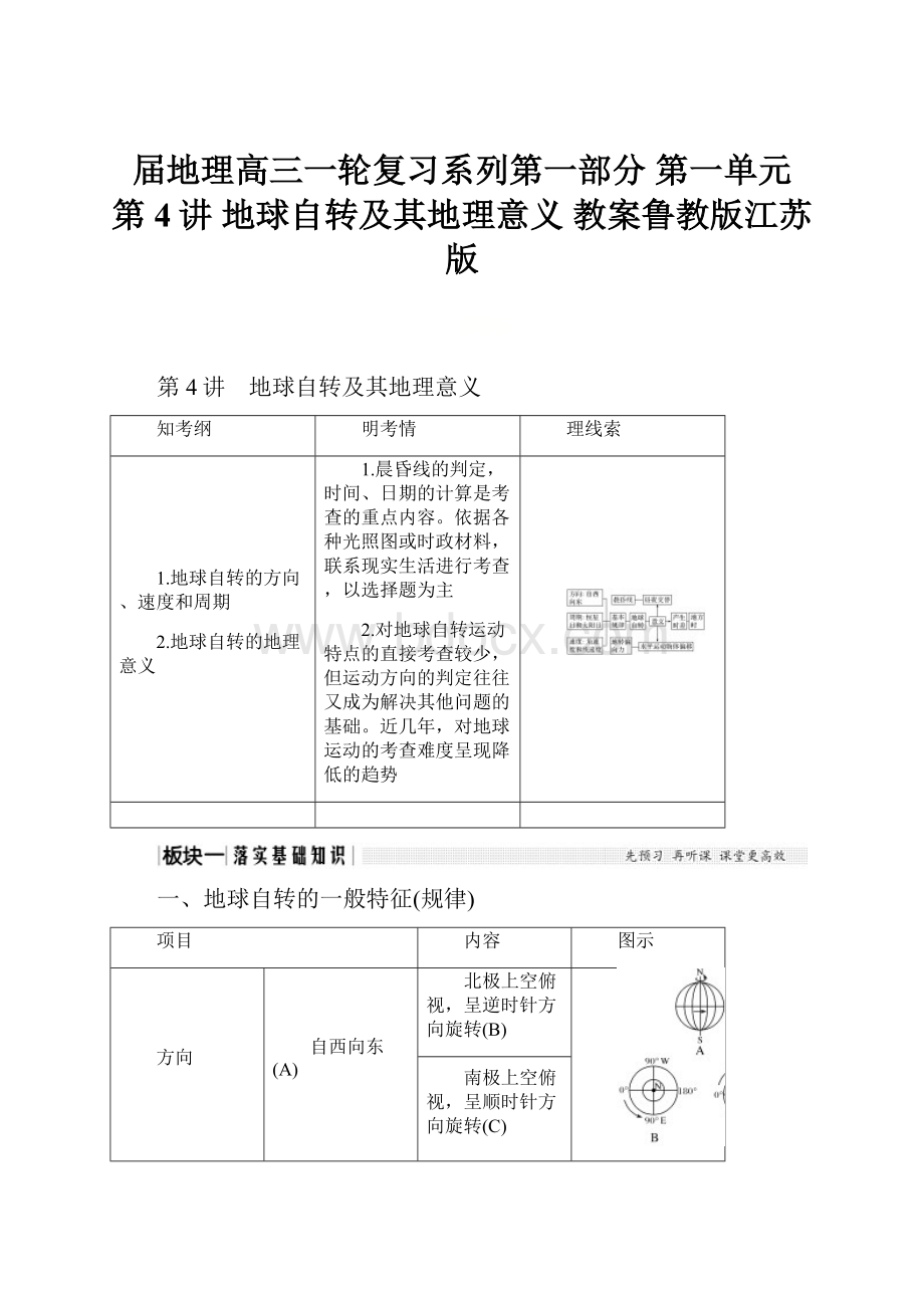 届地理高三一轮复习系列第一部分 第一单元 第4讲 地球自转及其地理意义 教案鲁教版江苏版.docx_第1页