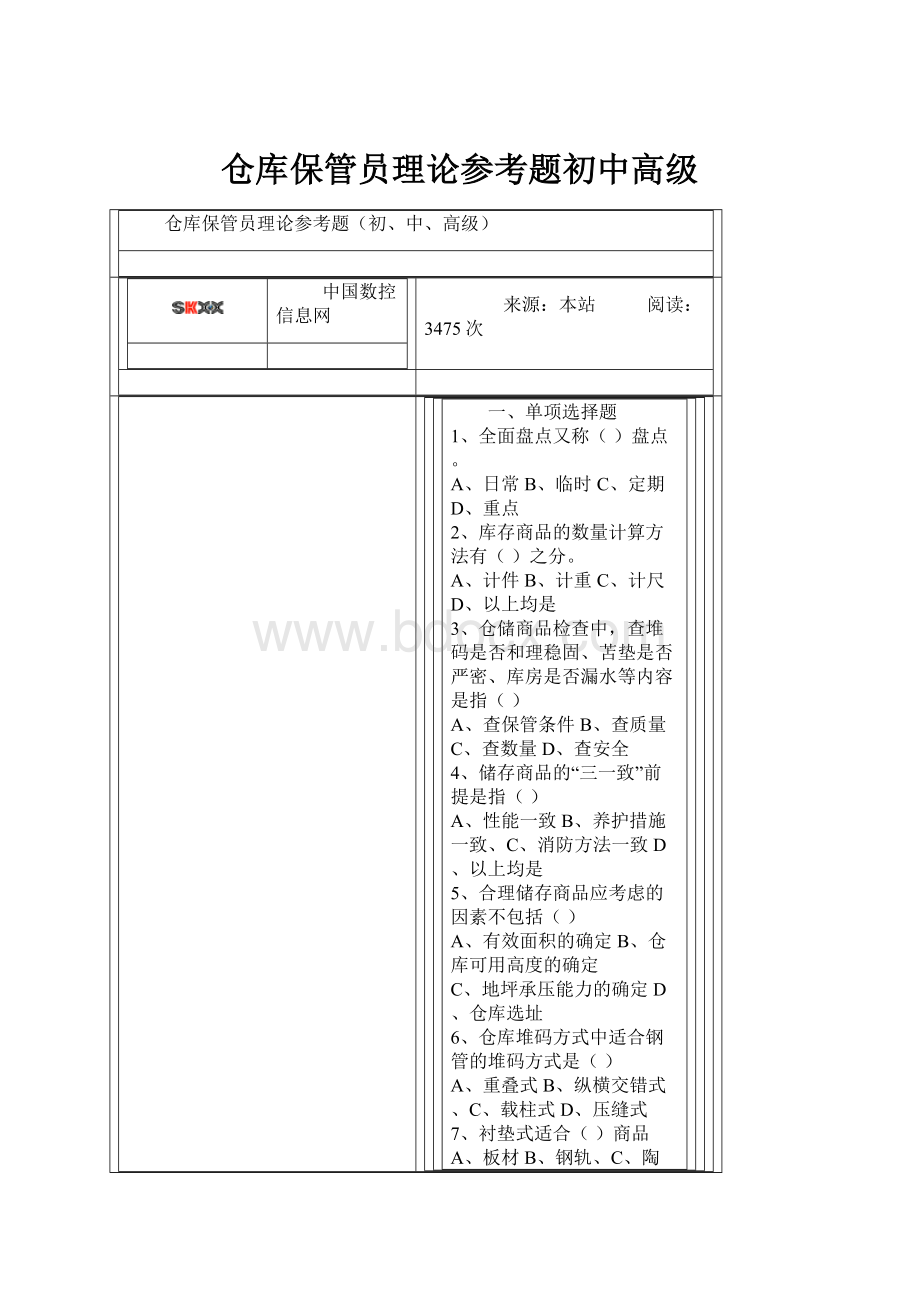 仓库保管员理论参考题初中高级.docx