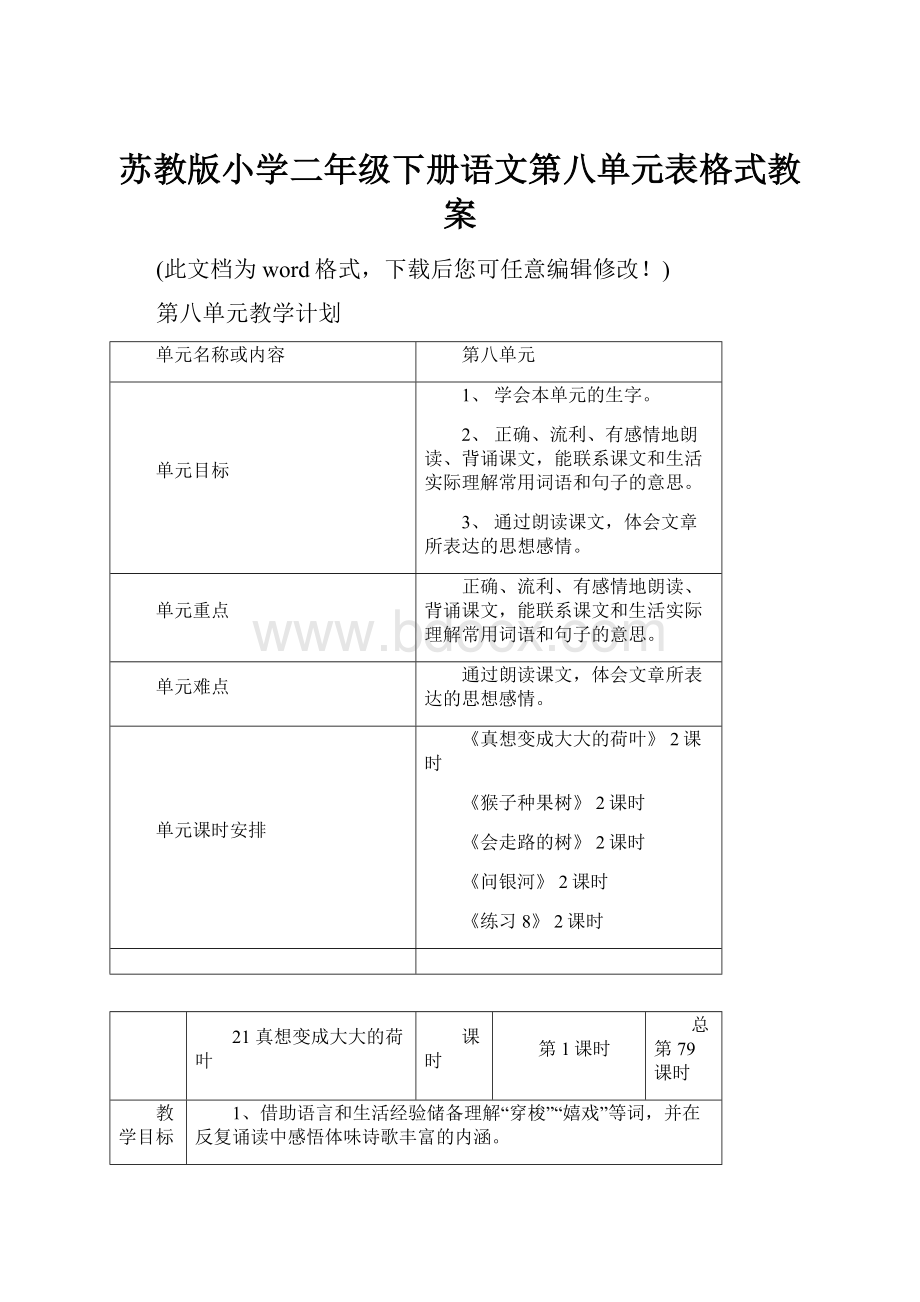 苏教版小学二年级下册语文第八单元表格式教案.docx