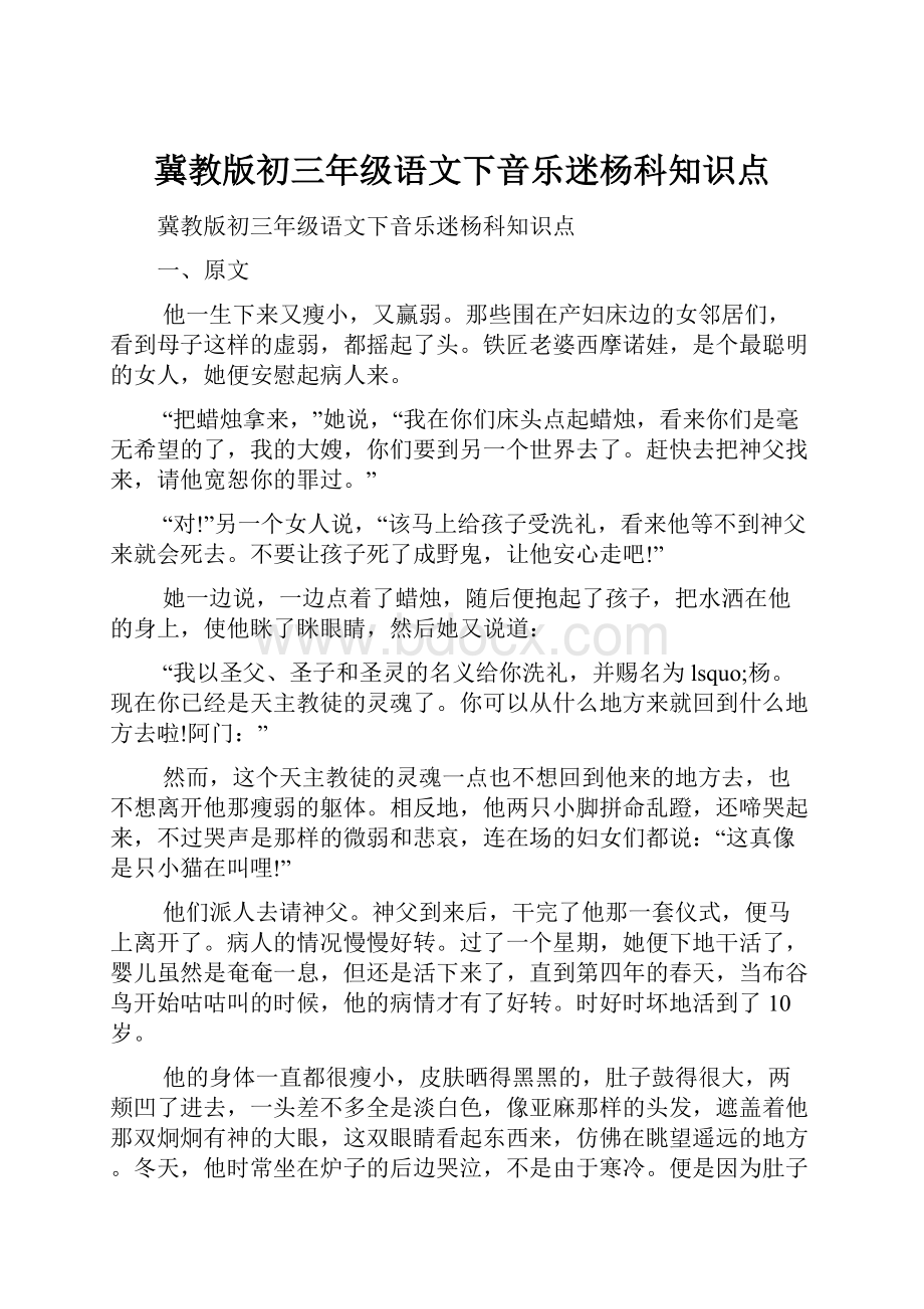 冀教版初三年级语文下音乐迷杨科知识点.docx_第1页