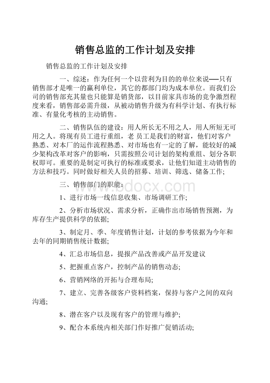 销售总监的工作计划及安排.docx_第1页