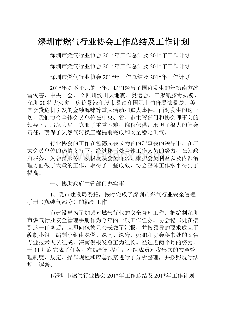 深圳市燃气行业协会工作总结及工作计划.docx