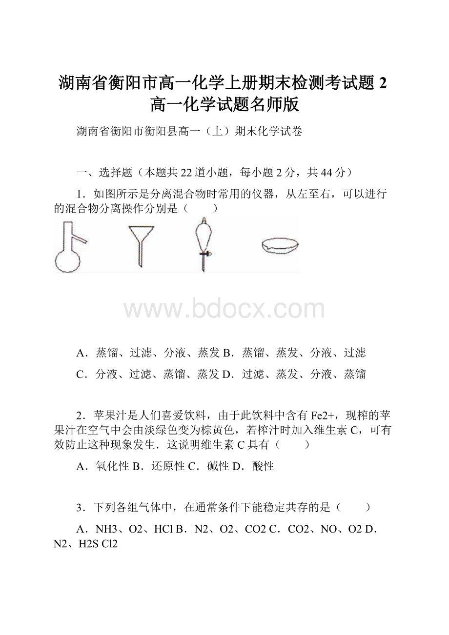 湖南省衡阳市高一化学上册期末检测考试题2高一化学试题名师版.docx