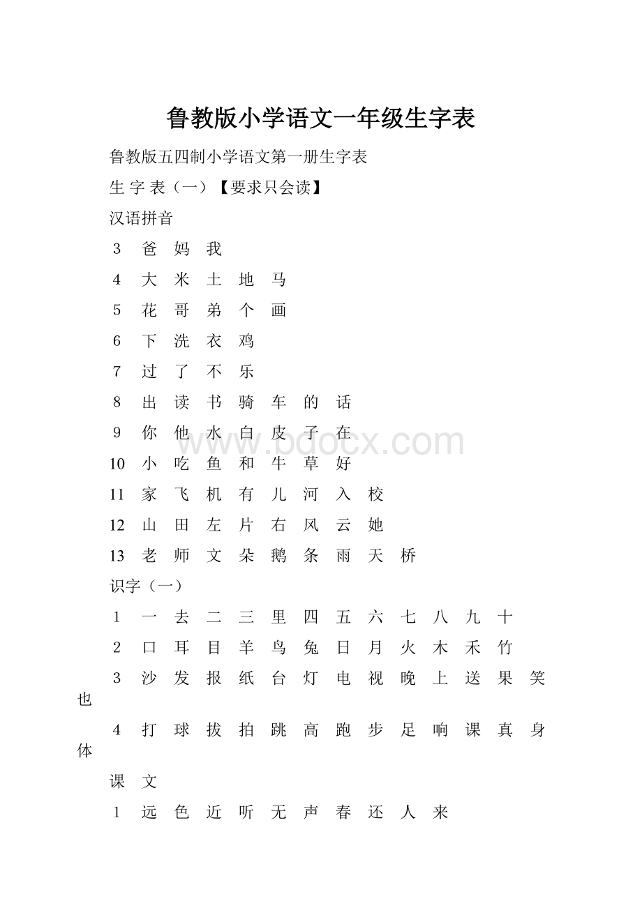 鲁教版小学语文一年级生字表.docx_第1页