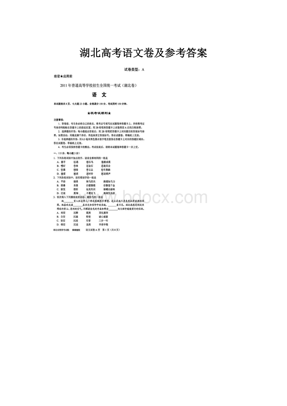 湖北高考语文卷及参考答案.docx