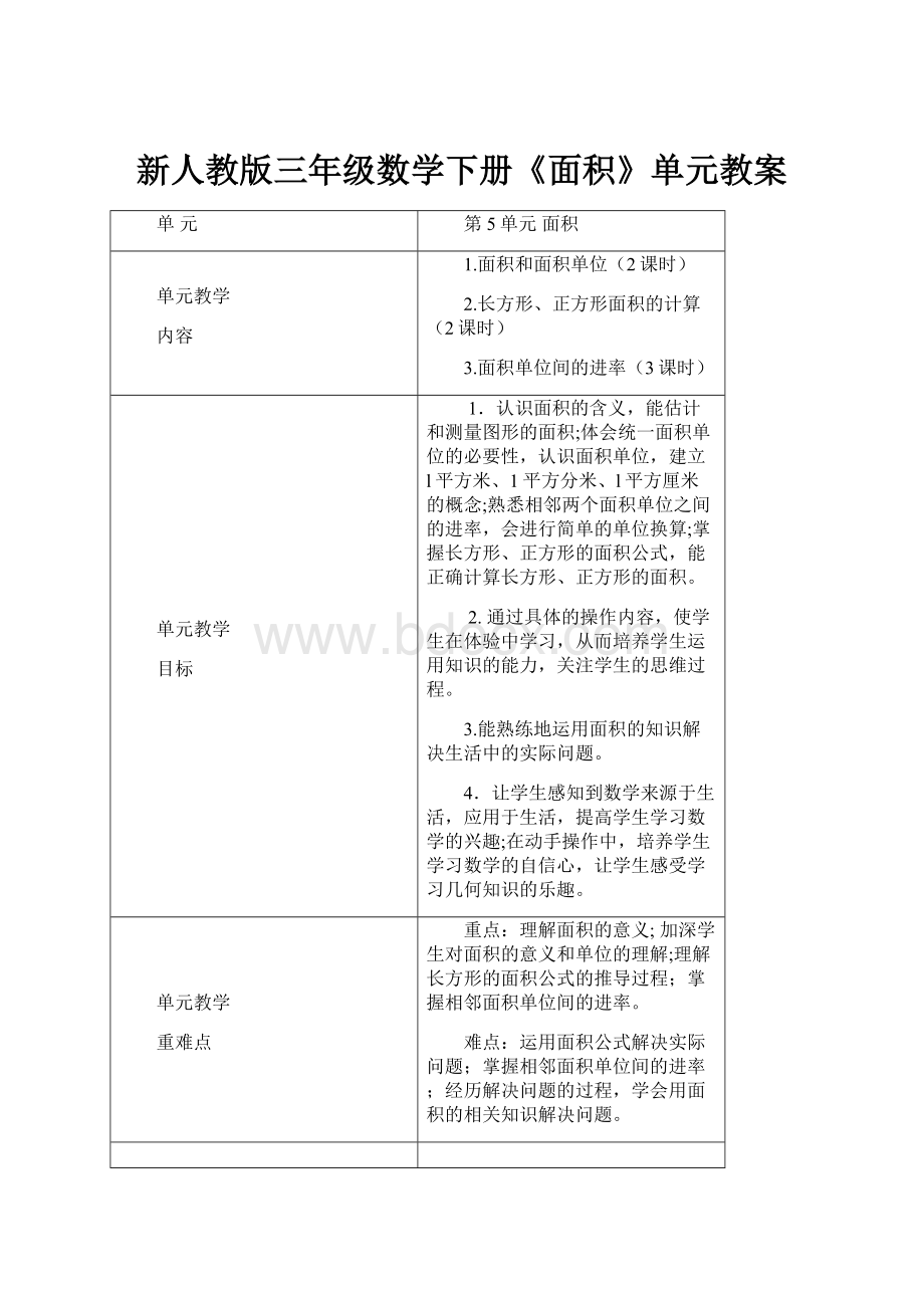 新人教版三年级数学下册《面积》单元教案.docx