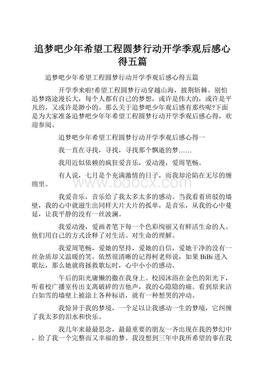 追梦吧少年希望工程圆梦行动开学季观后感心得五篇.docx