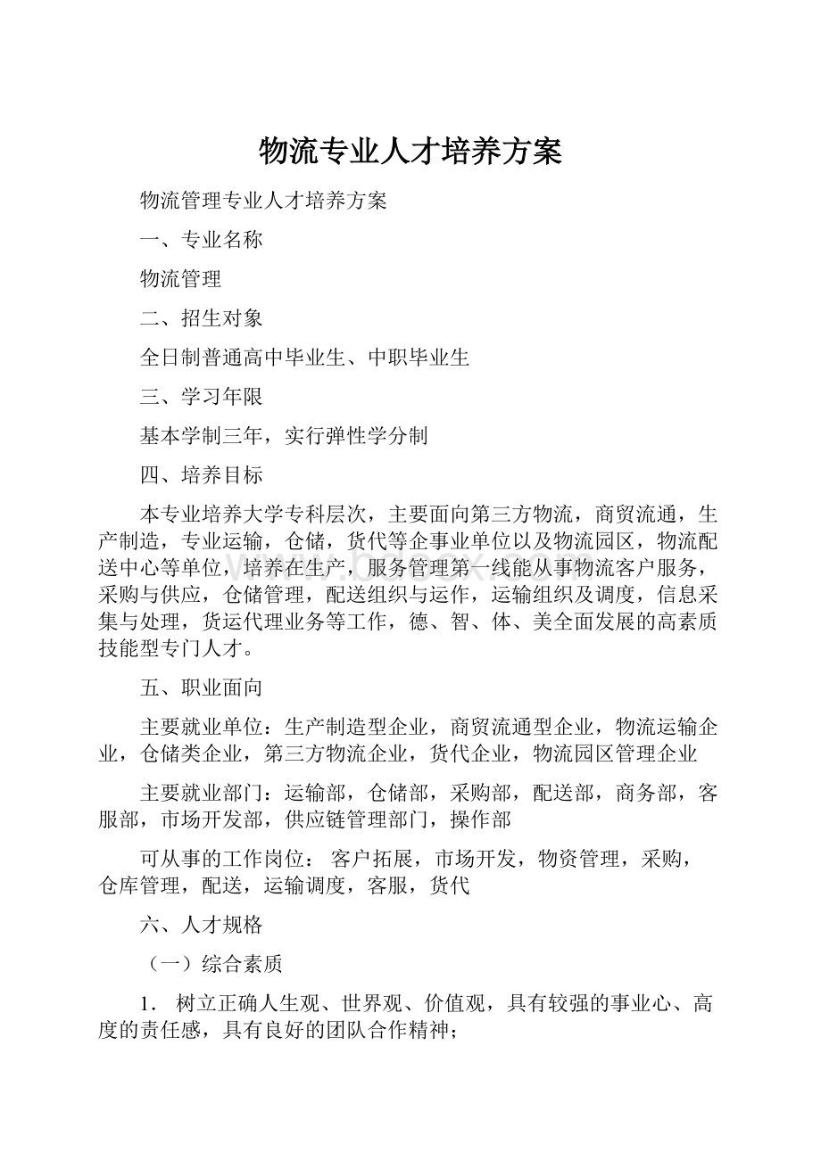 物流专业人才培养方案.docx_第1页