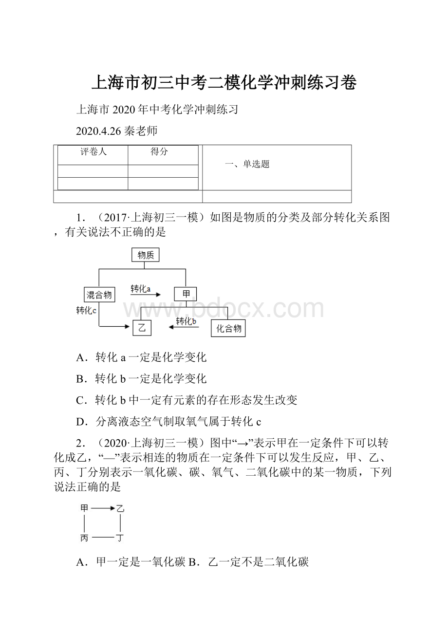 上海市初三中考二模化学冲刺练习卷.docx