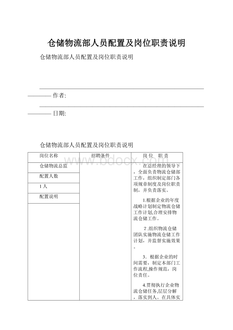 仓储物流部人员配置及岗位职责说明.docx_第1页