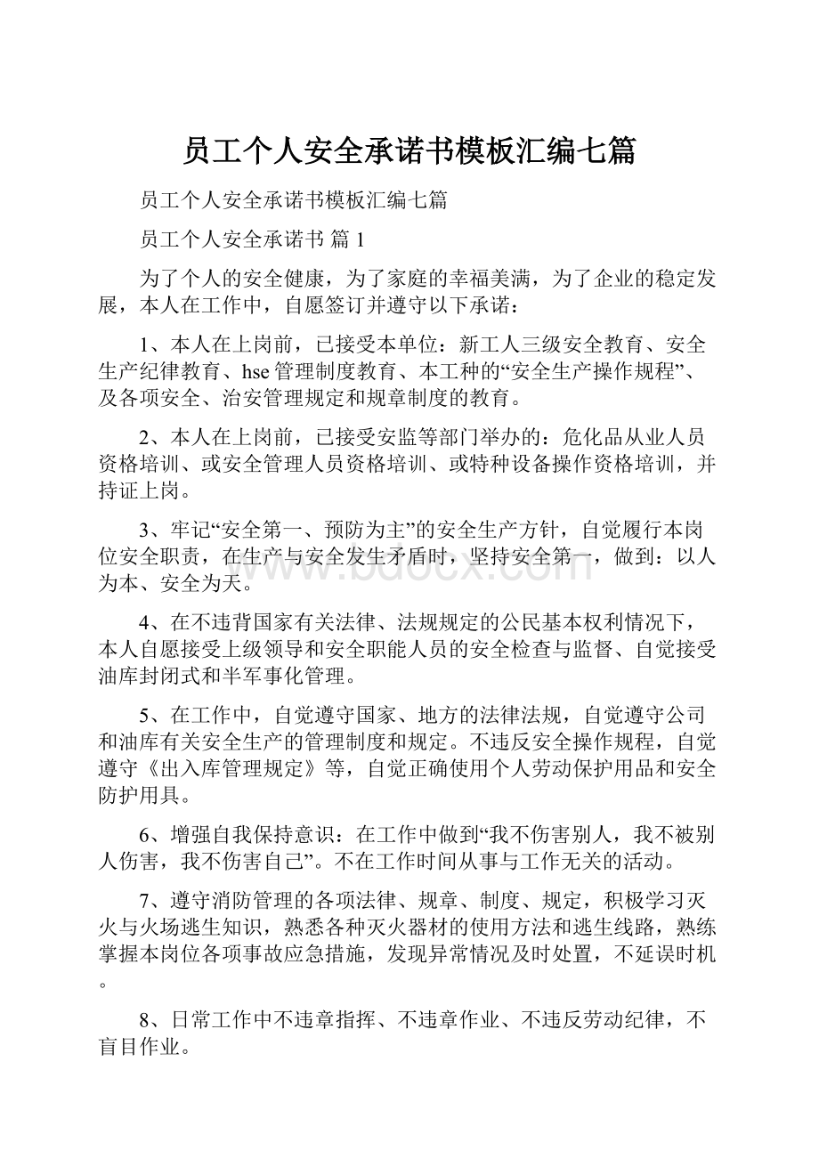 员工个人安全承诺书模板汇编七篇.docx