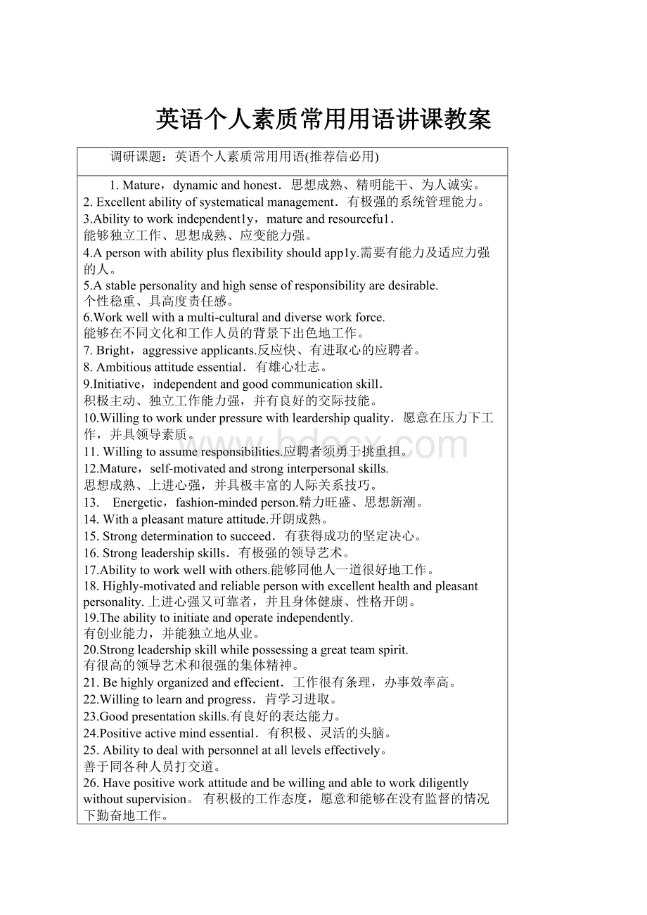 英语个人素质常用用语讲课教案.docx