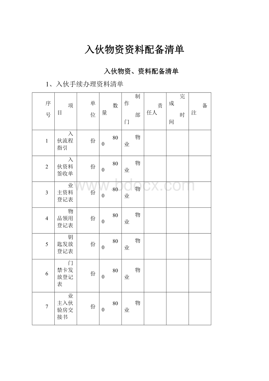 入伙物资资料配备清单.docx