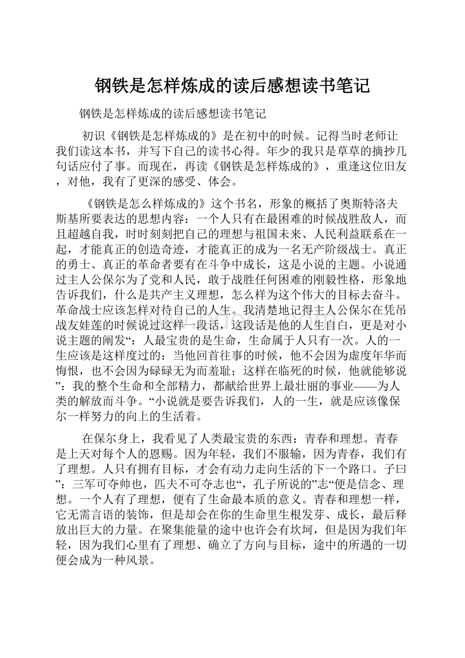 钢铁是怎样炼成的读后感想读书笔记.docx_第1页