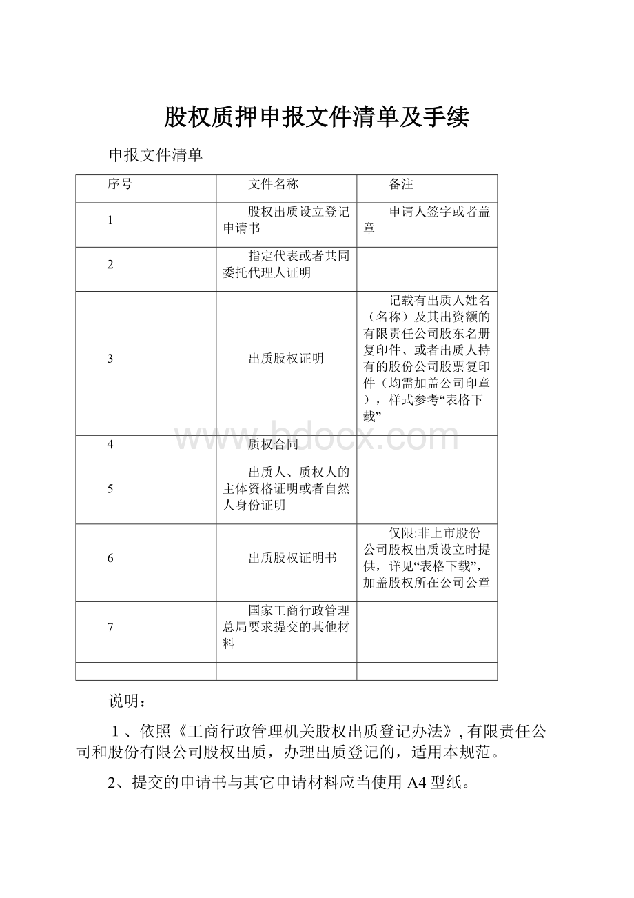 股权质押申报文件清单及手续.docx_第1页