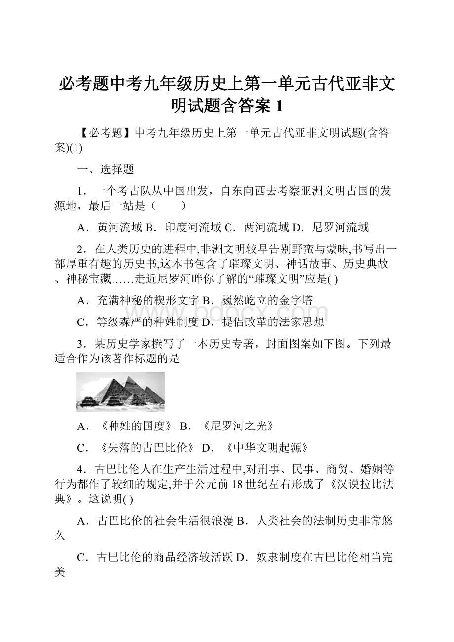 必考题中考九年级历史上第一单元古代亚非文明试题含答案1.docx