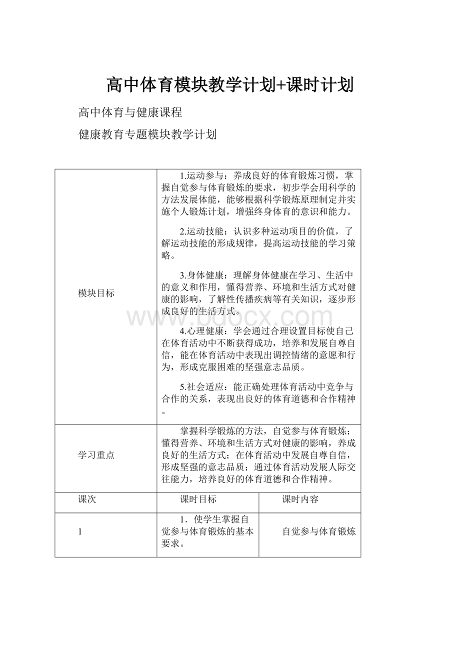 高中体育模块教学计划+课时计划.docx