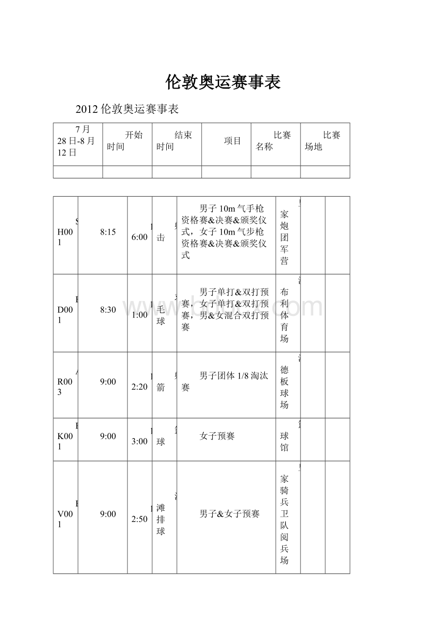 伦敦奥运赛事表.docx_第1页