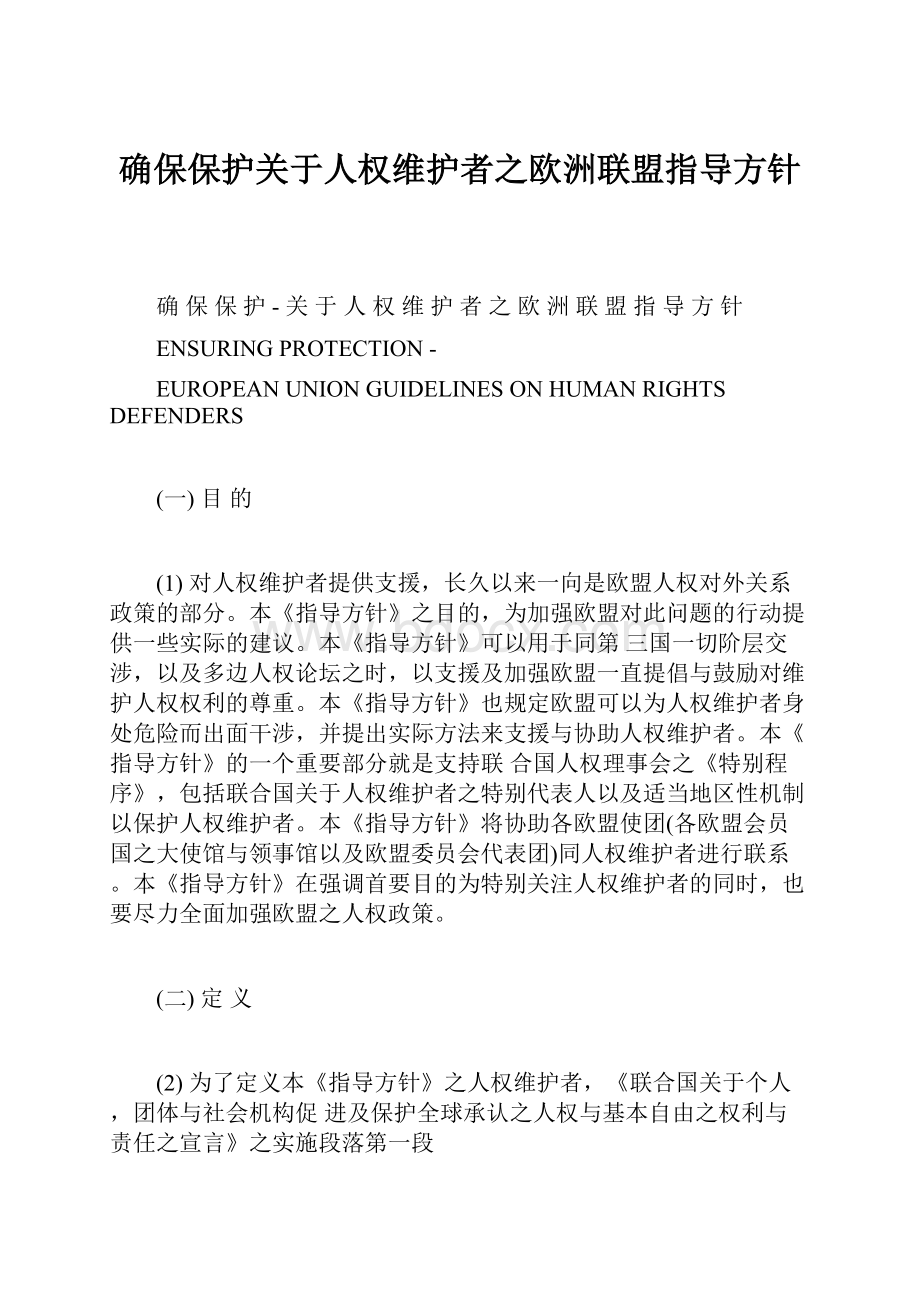 确保保护关于人权维护者之欧洲联盟指导方针.docx