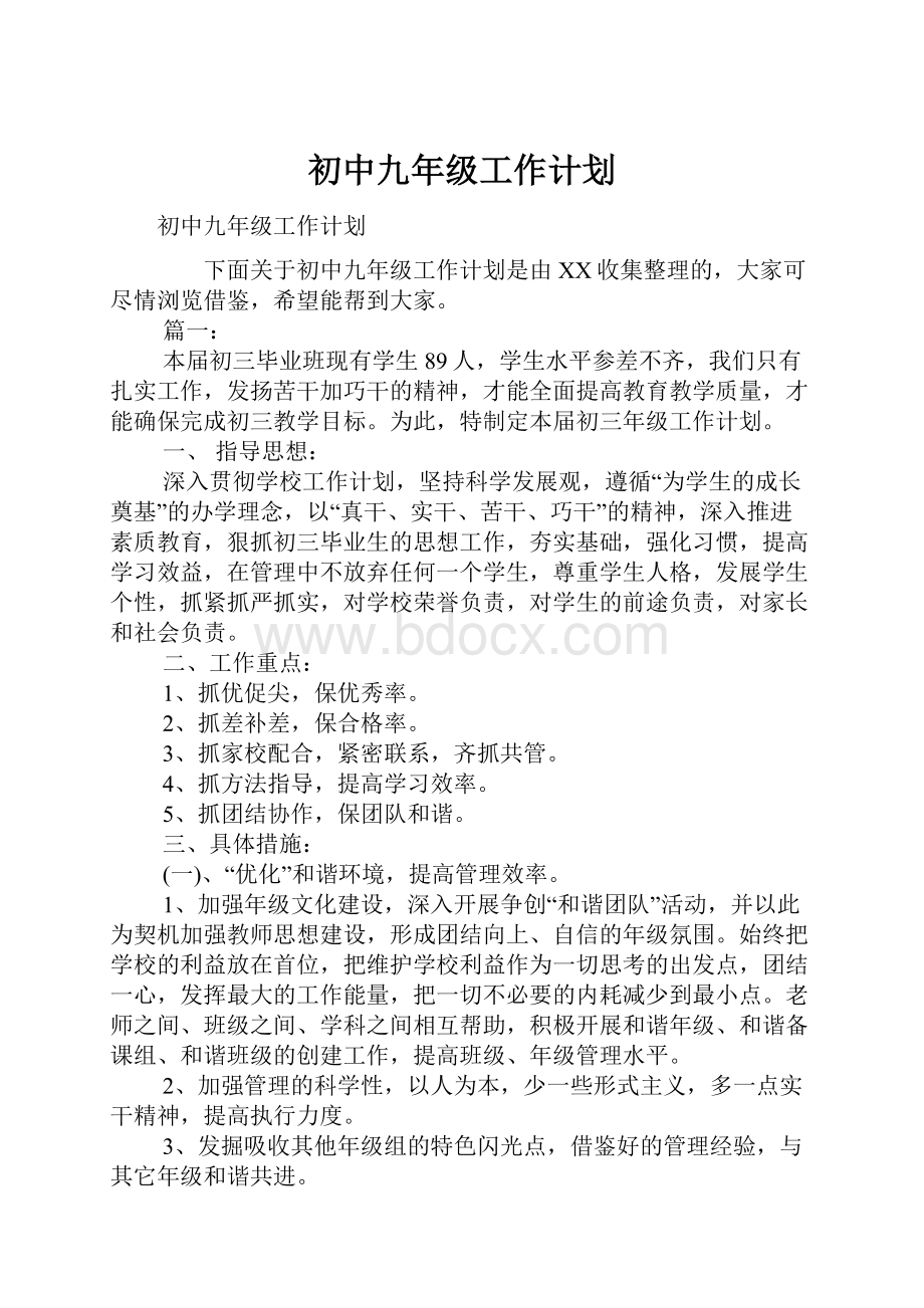 初中九年级工作计划.docx