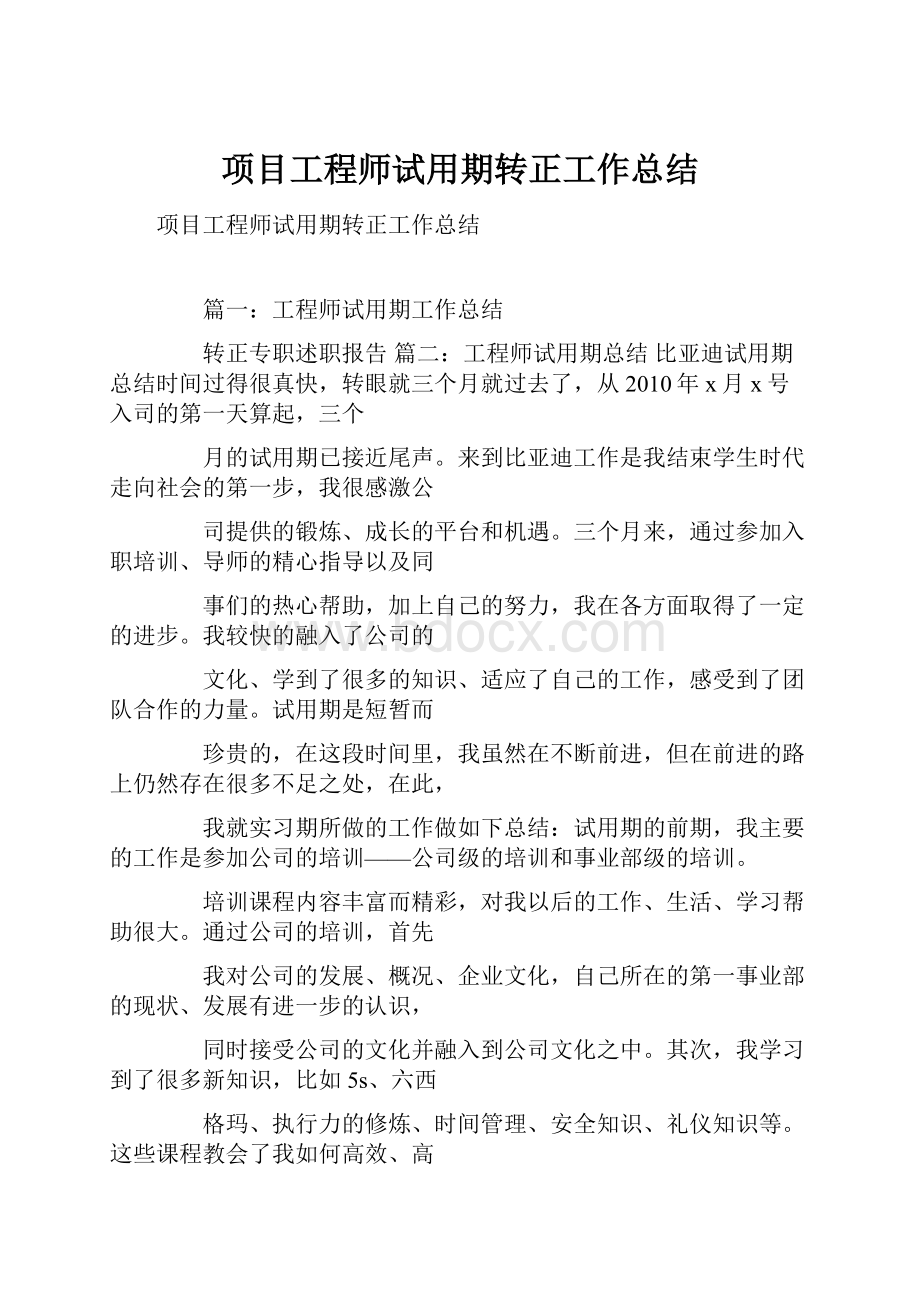 项目工程师试用期转正工作总结.docx_第1页