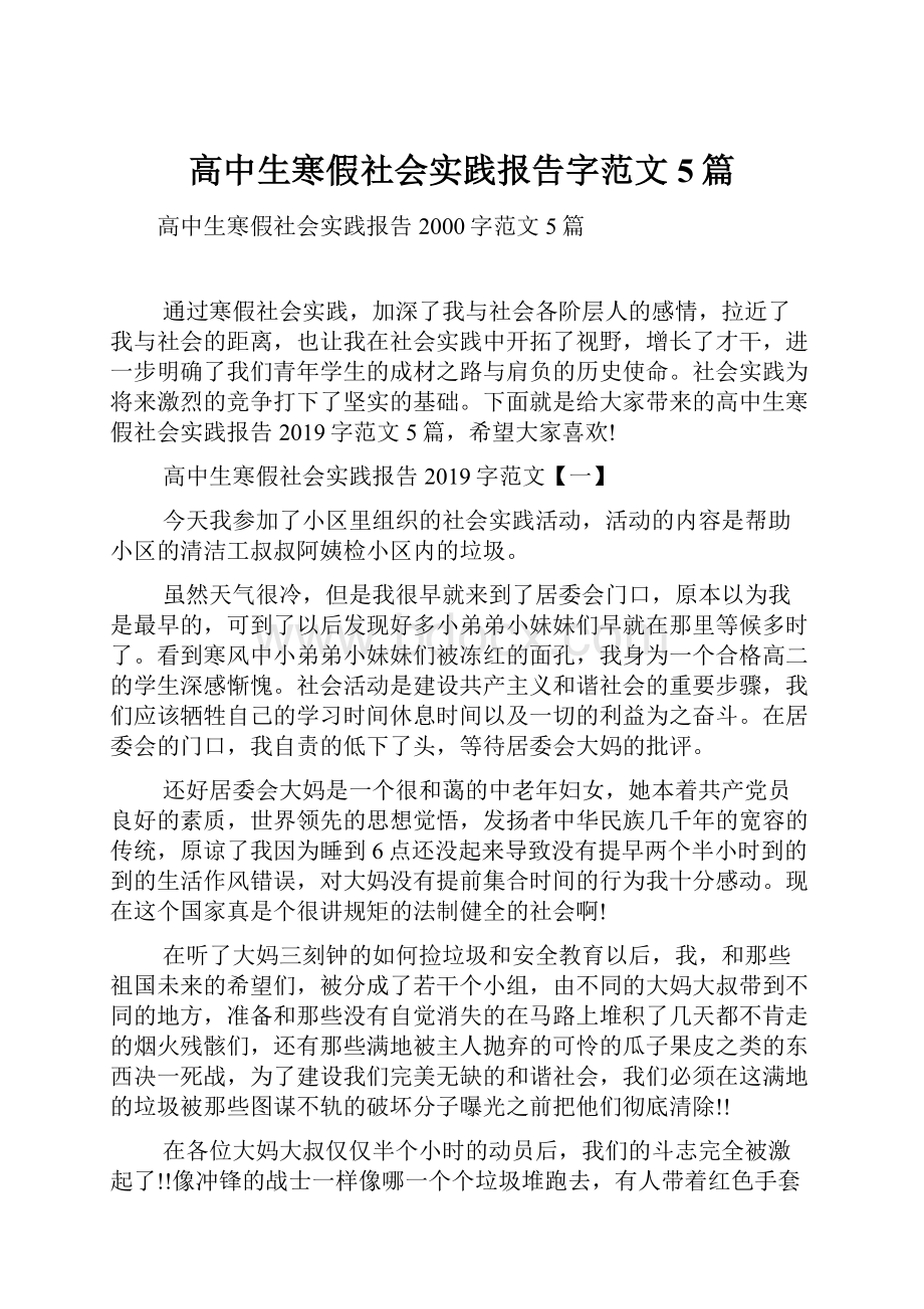 高中生寒假社会实践报告字范文5篇.docx