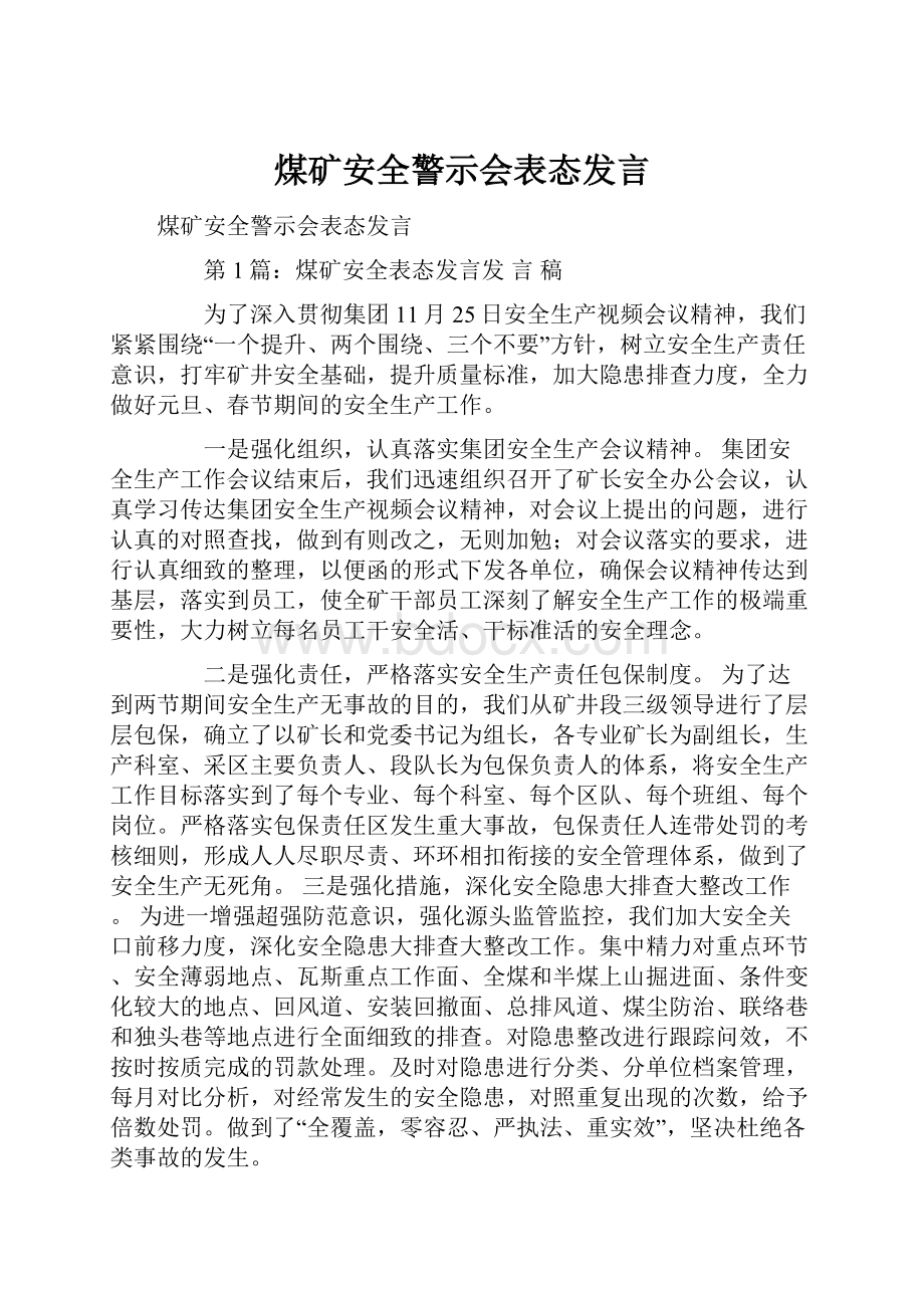 煤矿安全警示会表态发言.docx