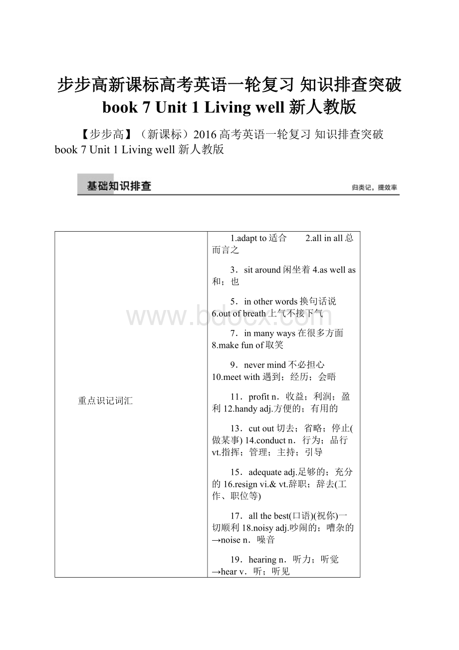 步步高新课标高考英语一轮复习 知识排查突破 book 7 Unit 1 Living well 新人教版.docx