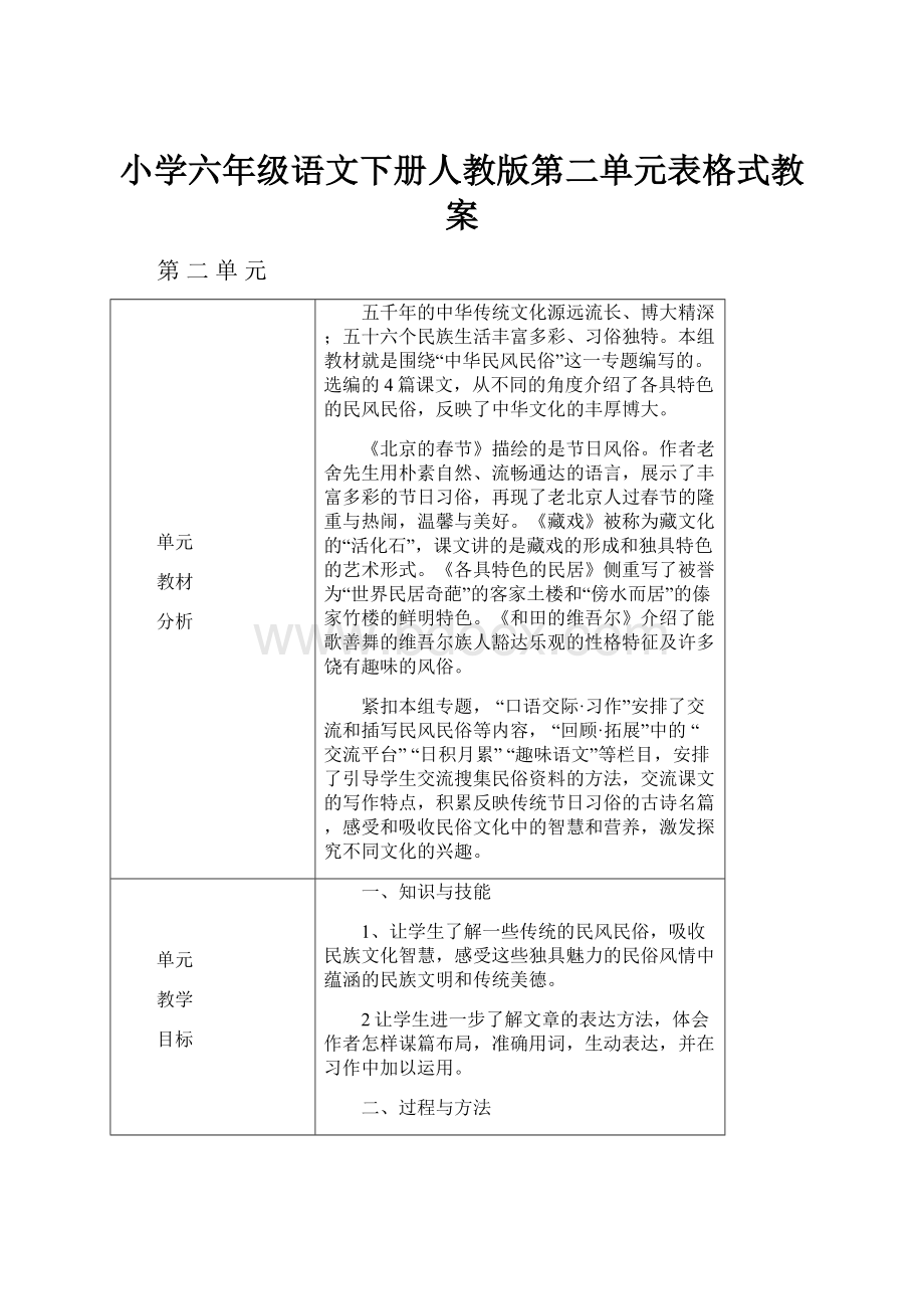 小学六年级语文下册人教版第二单元表格式教案.docx_第1页