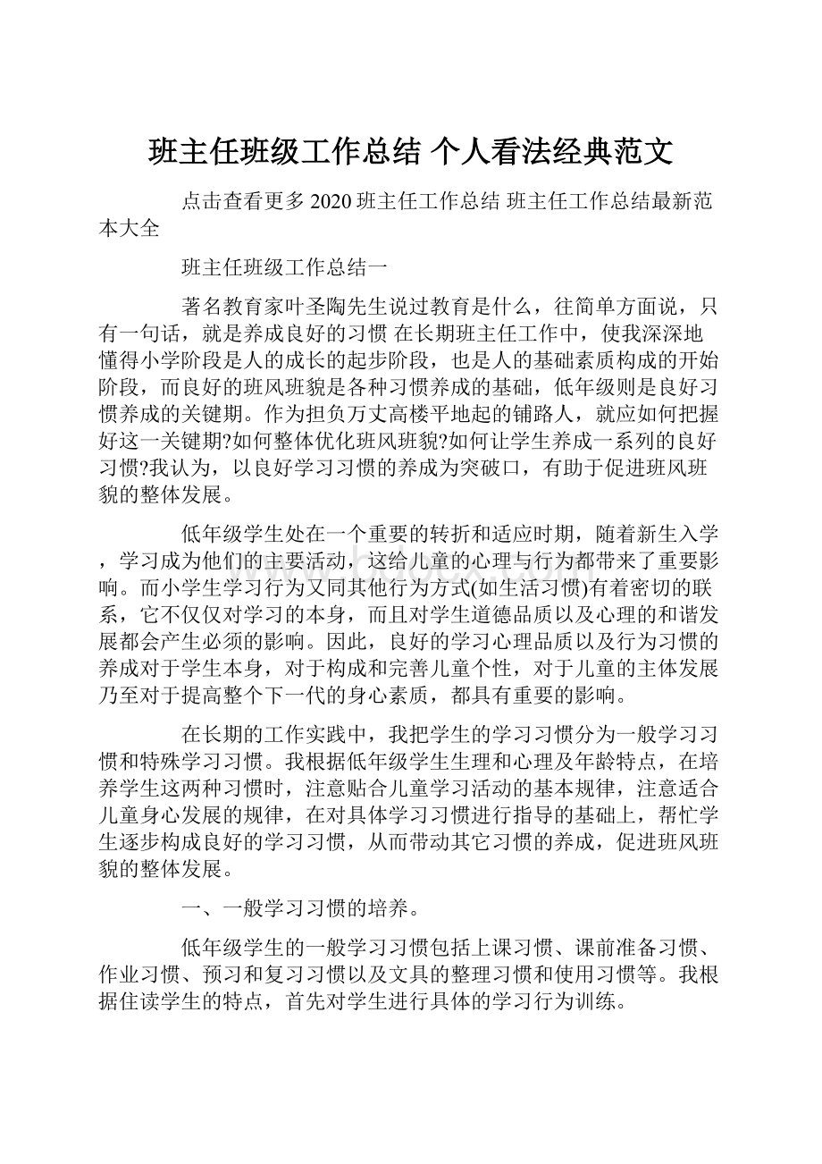 班主任班级工作总结 个人看法经典范文.docx