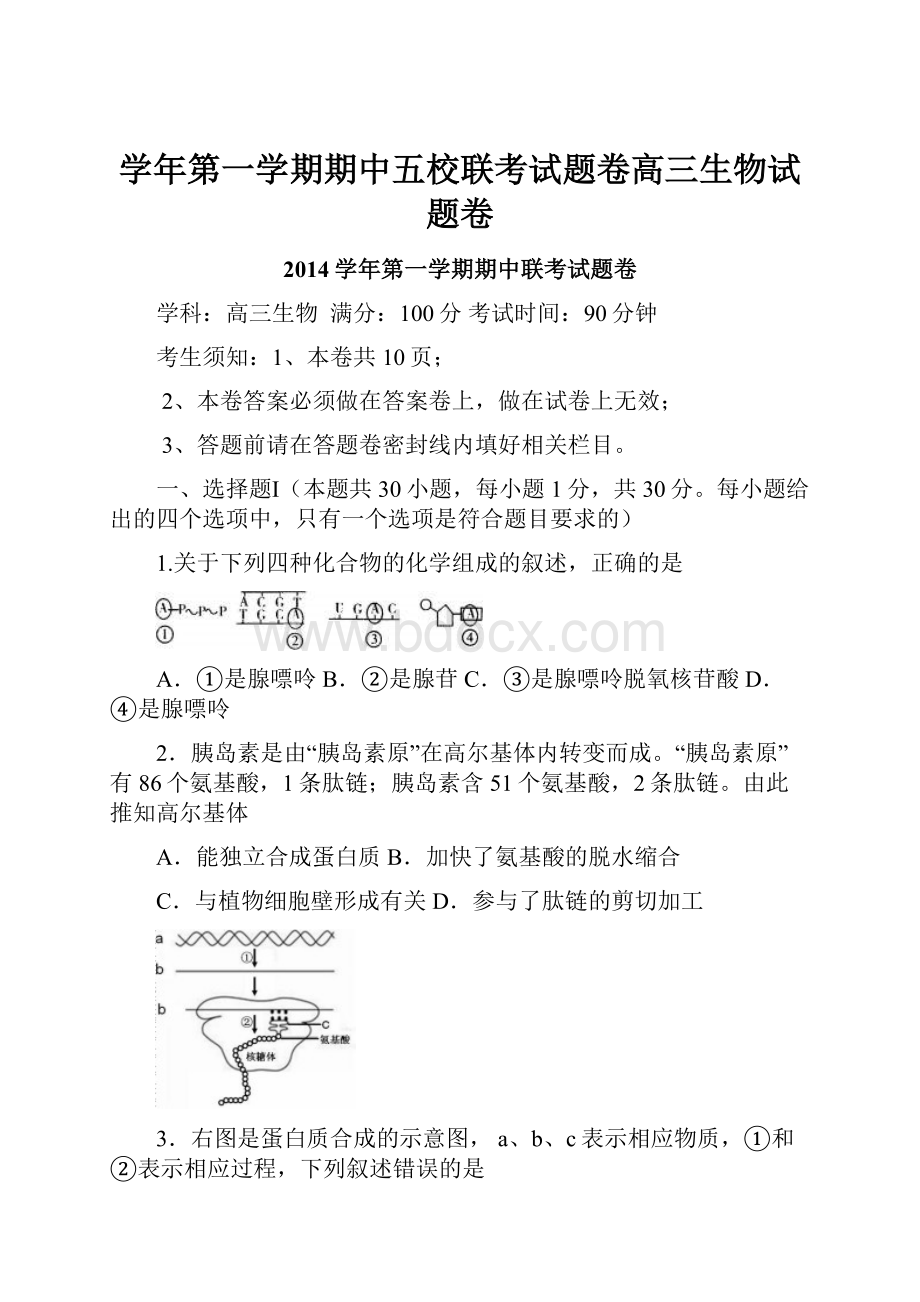 学年第一学期期中五校联考试题卷高三生物试题卷.docx