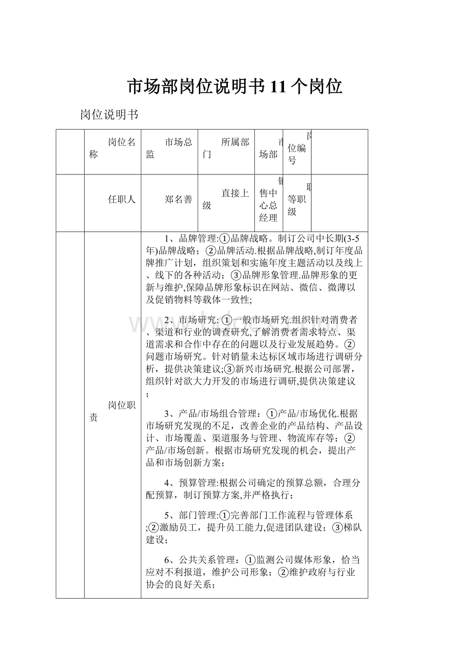 市场部岗位说明书11个岗位.docx_第1页