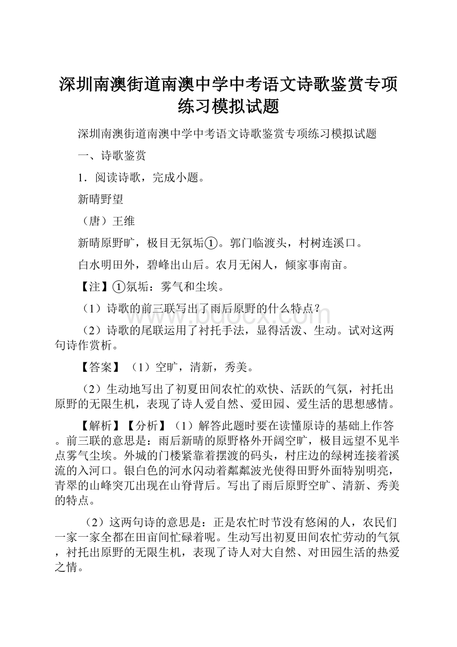 深圳南澳街道南澳中学中考语文诗歌鉴赏专项练习模拟试题.docx