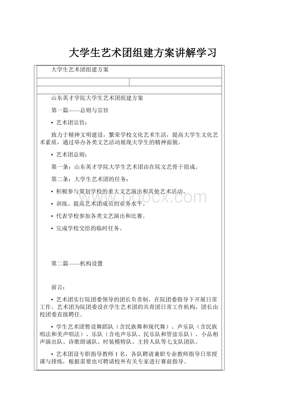 大学生艺术团组建方案讲解学习.docx