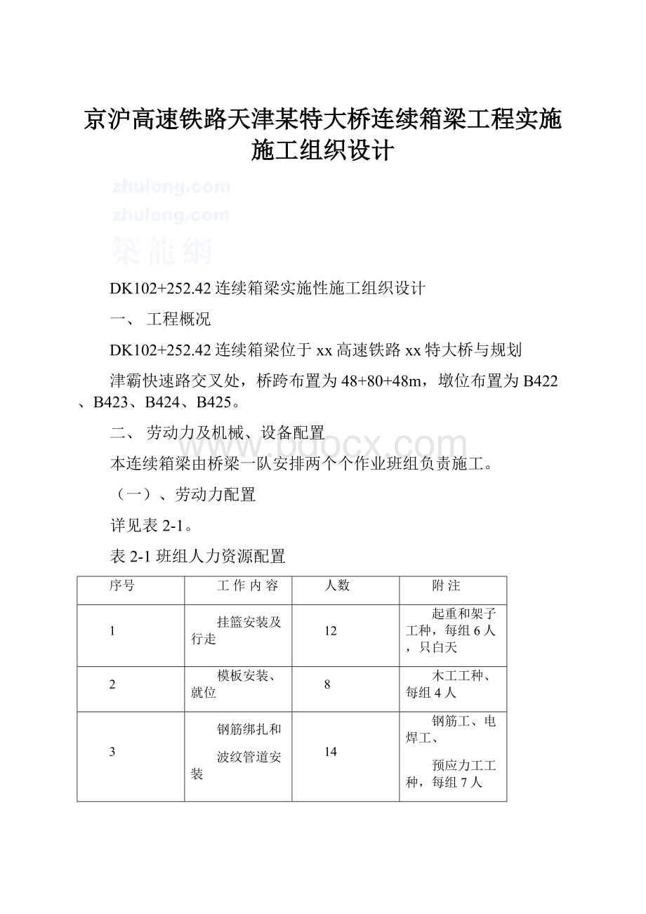 京沪高速铁路天津某特大桥连续箱梁工程实施施工组织设计.docx_第1页