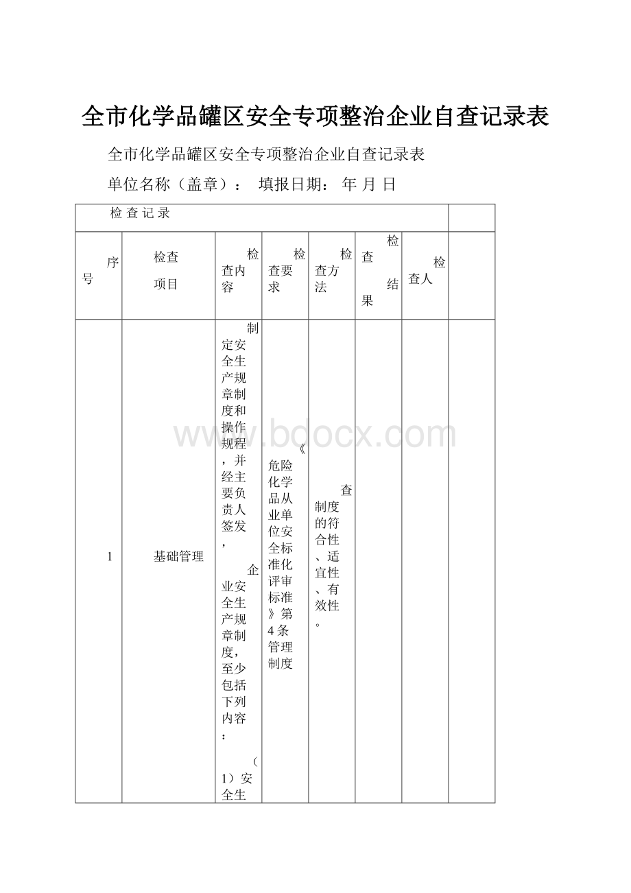 全市化学品罐区安全专项整治企业自查记录表.docx