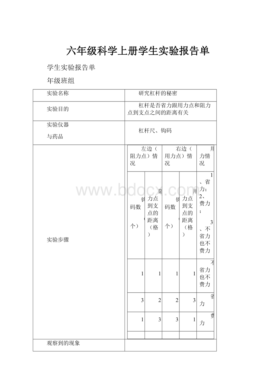 六年级科学上册学生实验报告单.docx_第1页